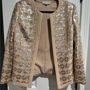 Katherine Kelly Beige Sequin Geometric Open-Front Jacket